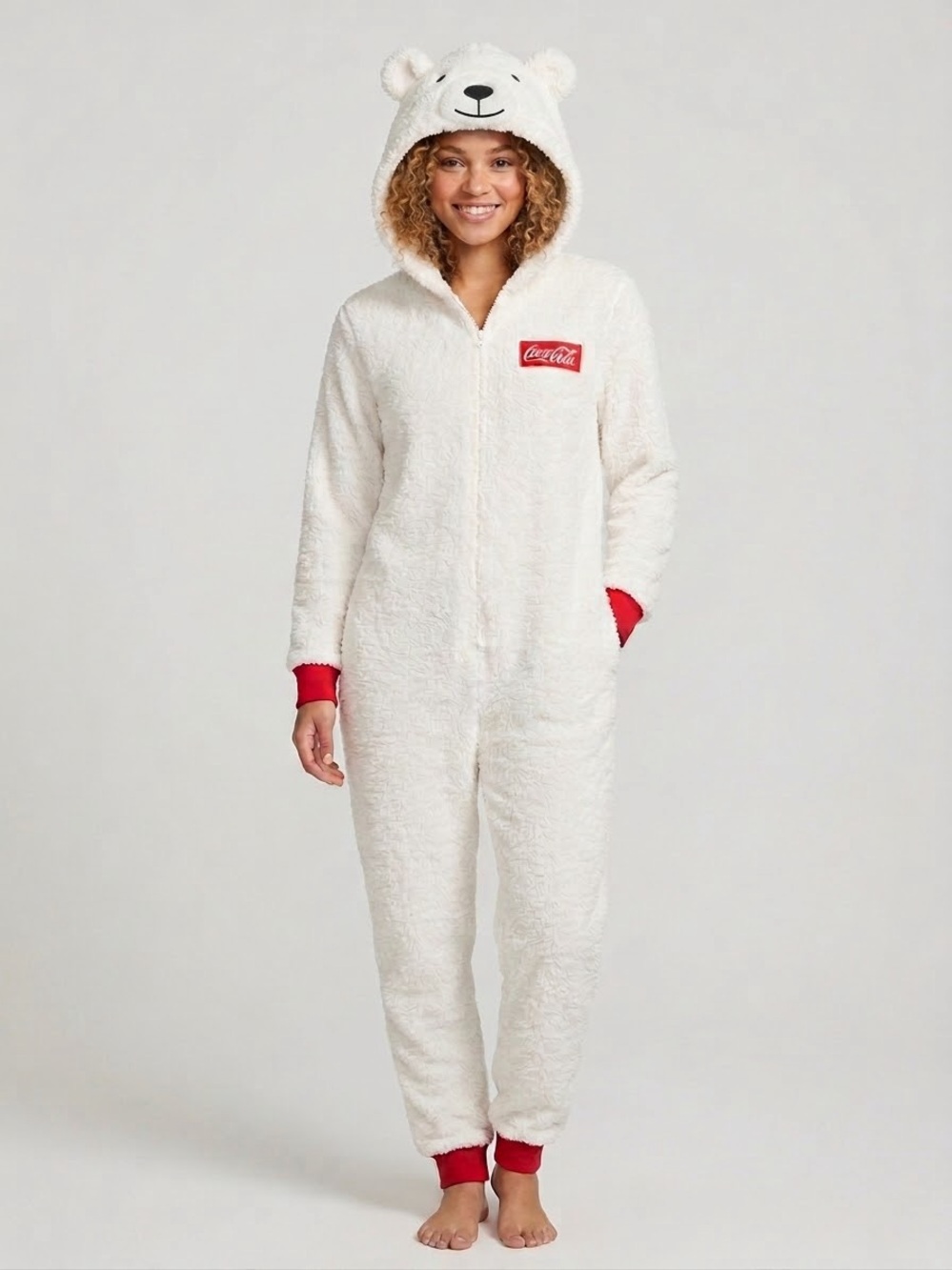 Coca Cola Women's White Sherpa Polar Bear Hooded Jumpsuit